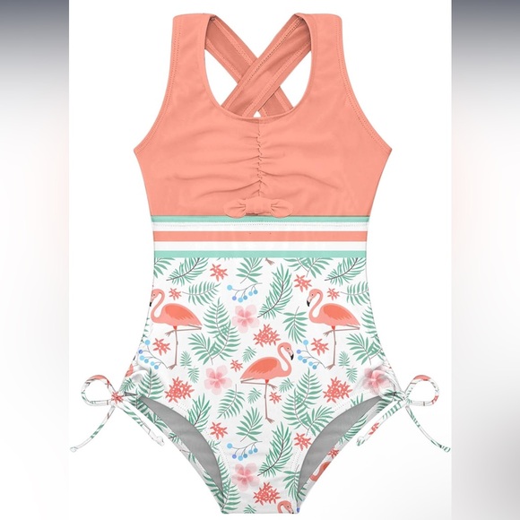 NEW  -  Girls One-Piece Swimsuit, Striped Swimwear, Hawaiian‎ Bathing Suit, 9 T - Picture 1 of 7
